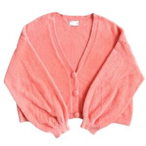 ASOS Cardigan US 14 Coral Peach Fuzzy Button Front Soft Balloon Sleeve Pastel